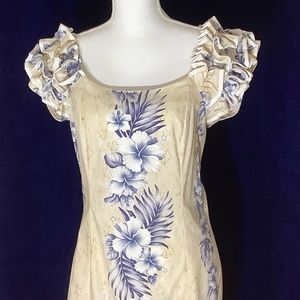 Hawaiian Floral Full Length Hi/Lo Flare Ruffle Dress